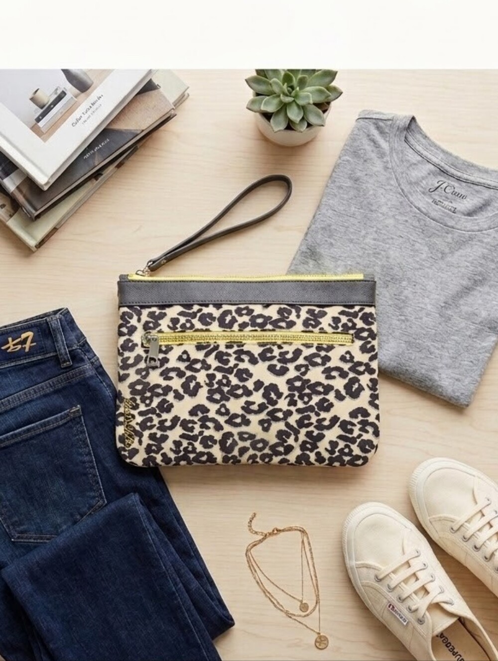 Kut from the Kloth Leopard Print Wristlet with Yellow Trim